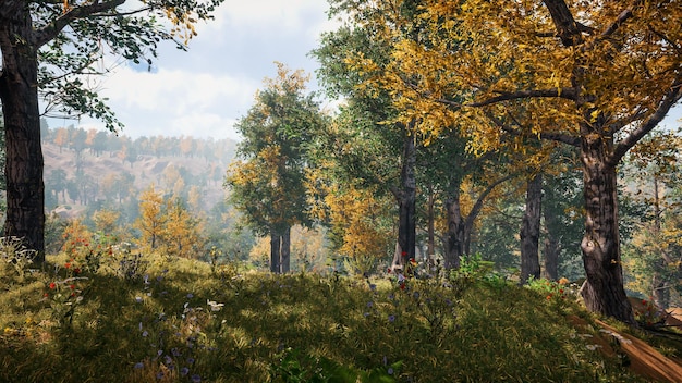 Illustrazione di un sottobosco con un bioma ricco di vegetazione su una collina con rendering 3d a terra rossa