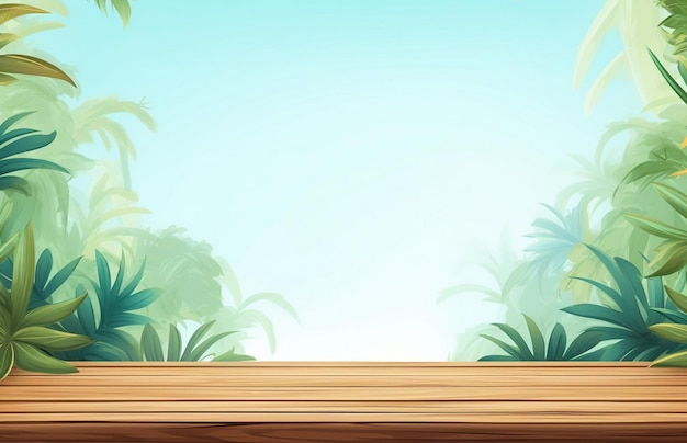 Illustrazione di un tavolo di legno con piante tropicali su uno sfondo blu