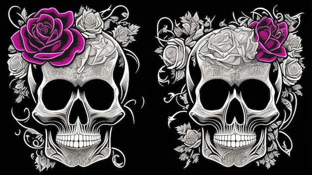 Illustrazione di un teschio di zucchero femminile decorato dia de Muertos con sfondo di fiori