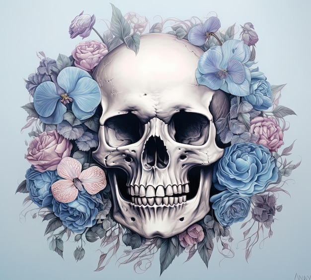 illustrazione di un teschio in blu con fiori in uno stile di squisito realismo