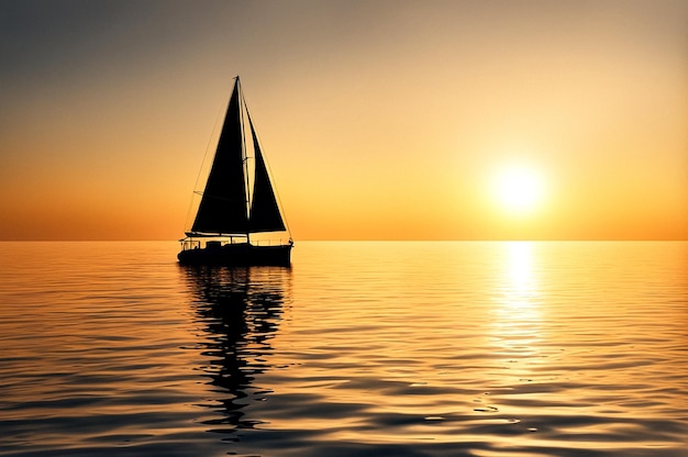 Illustrazione di un tramonto dorato su acque calme con la silhouette di una barca a vela in crociera sullo skyline sce