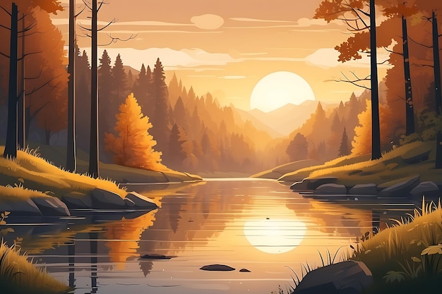 Illustrazione di un tramonto nella foresta vicino a un fiume tranquillo