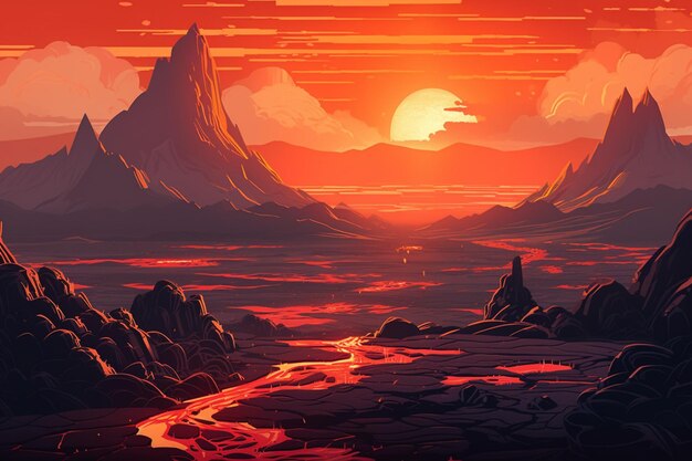 Illustrazione di un tramonto su una catena montuosa con un flusso di acqua generativa ai
