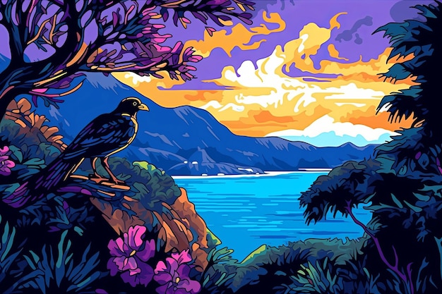 Illustrazione di un uccello appollaiato su un albero con una bellissima vista sul mare con alberi, nuvole e montagne AI generativa
