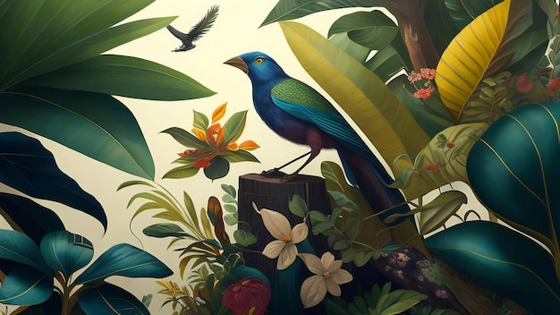 Illustrazione di un uccello blu seduto su un tronco di legno circondato da piante tropicali