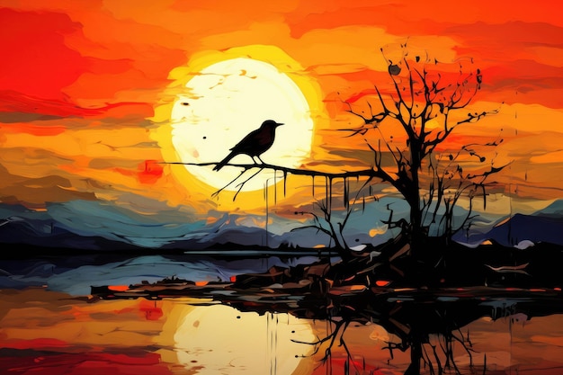 Illustrazione di un uccello su un ramo vicino al lago al tramonto Sunset Bird Surreal Inspirational Nature Abstract AI Generated