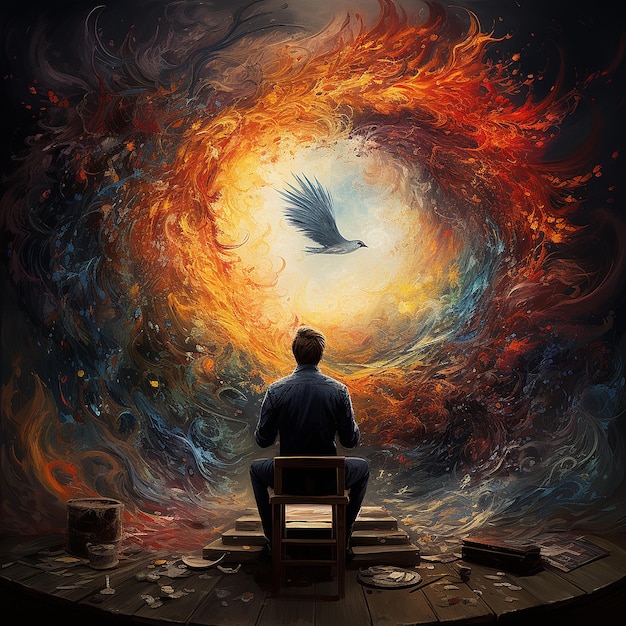 Illustrazione di un uomo che guarda un cerchio di fantasia colorato Salute mentale Terapia artistica Processo creativo