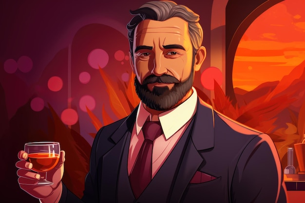 illustrazione di un uomo che tiene in mano un bicchiere di bevande alcoliche