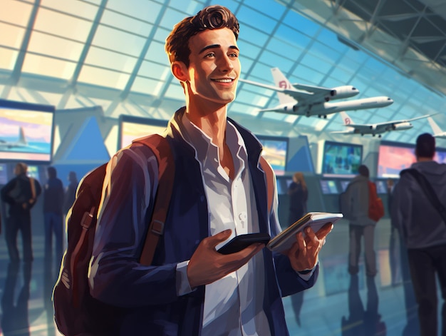 illustrazione di un uomo con i biglietti aerei all'aeroporto