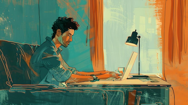 Illustrazione di un uomo concentrato che lavora su un portatile in una stanza accogliente colori vibranti stile d'arte digitale che incapsulano la moderna vita freelance AI