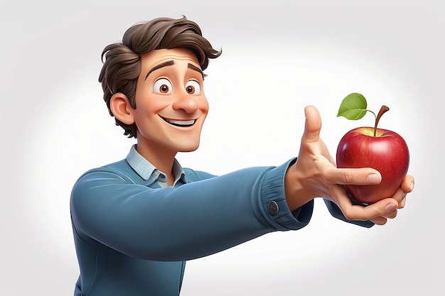 Illustrazione di un uomo dei cartoni animati che tende la mano a una mela