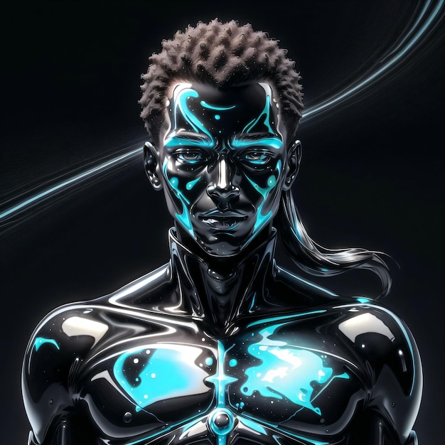 illustrazione di un uomo di lattice nero con luci blu