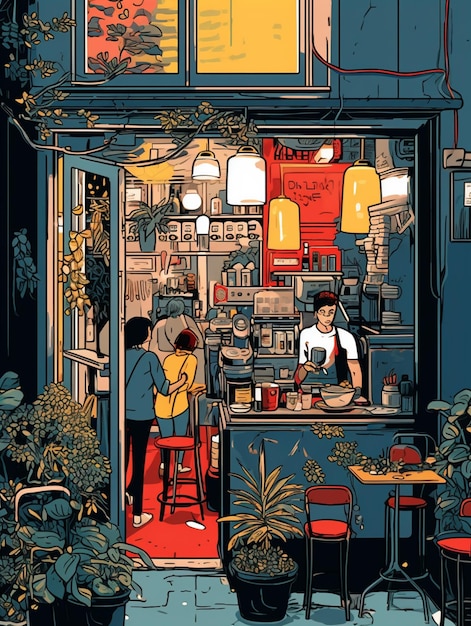 illustrazione di un uomo e una donna in piedi di fronte a un ristorante generativo ai