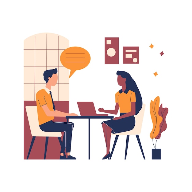 Illustrazione di un uomo e una donna seduti a piatto mentre discutono di parlare in ufficio