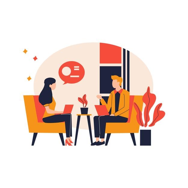 Illustrazione di un uomo e una donna seduti a piatto mentre discutono di parlare in ufficio