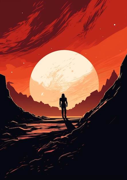 illustrazione di un uomo in piedi su una scogliera che guarda il sole generativo ai