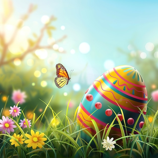 illustrazione di un uovo colorato disteso sull'erba con fiori e farfalle per festeggiare la Pasqua