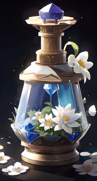 Illustrazione di un vaso magico con fiori e gemme generate dall'intelligenza artificiale