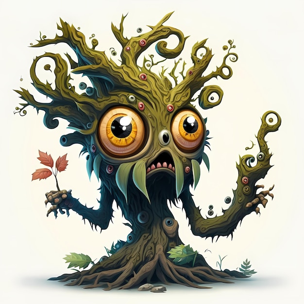 Illustrazione di un vecchio albero mostro, fiaba e design fantasy in un attraente e colorato