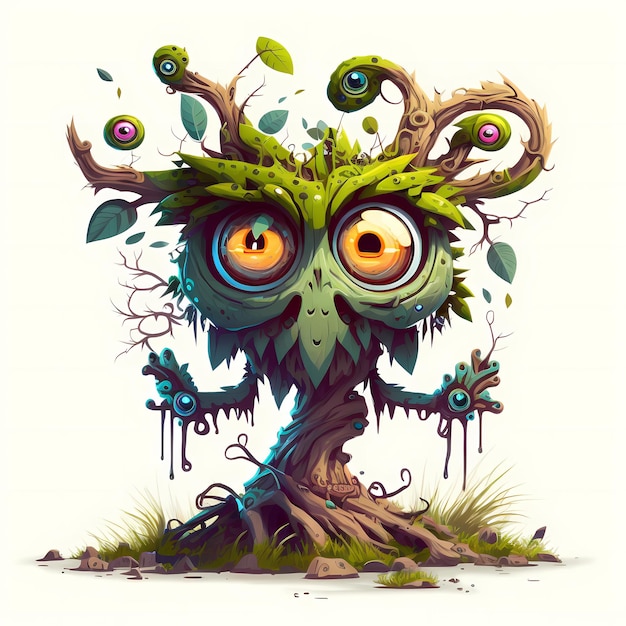 Illustrazione di un vecchio albero mostro, fiaba e design fantasy in un attraente e colorato