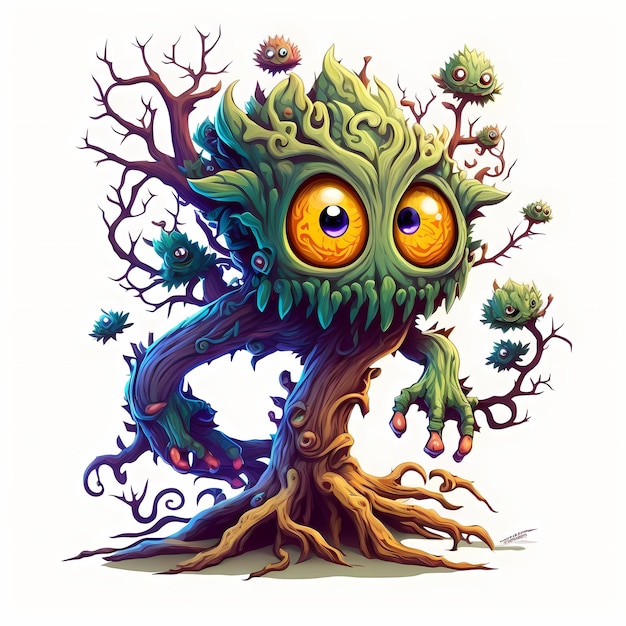 Illustrazione di un vecchio albero mostro, fiaba e design fantasy in un attraente e colorato