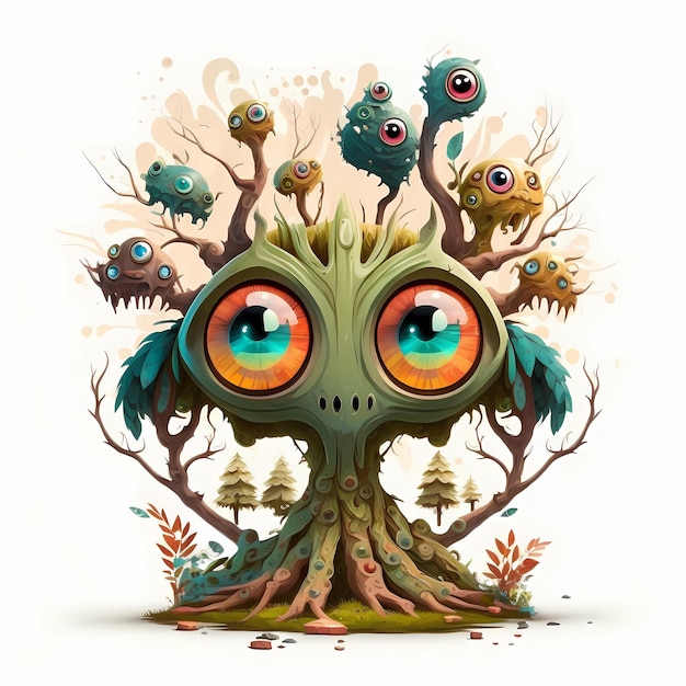 Illustrazione di un vecchio albero mostro, fiaba e design fantasy in un attraente e colorato