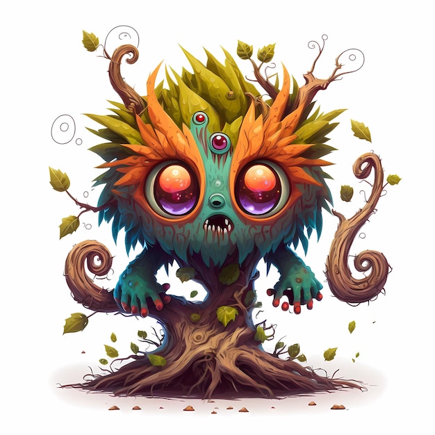 Illustrazione di un vecchio albero mostro, fiaba e design fantasy in un attraente e colorato