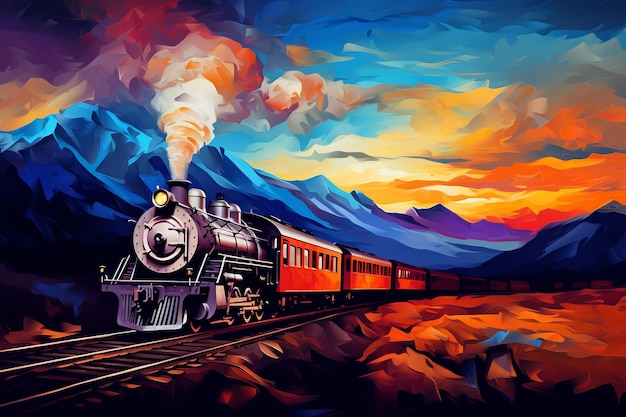 illustrazione di un vecchio treno in movimento colorato con colori vivaci con