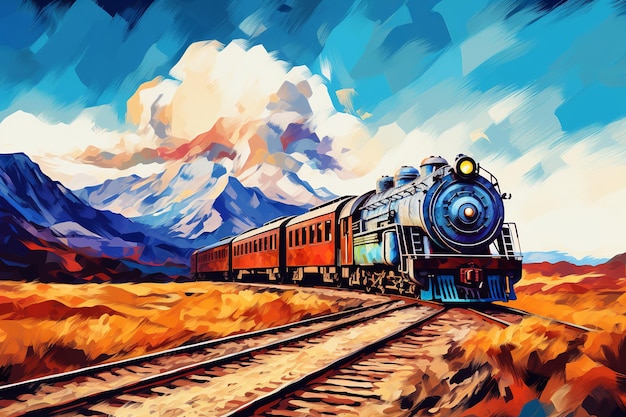illustrazione di un vecchio treno in movimento colorato con colori vivaci con