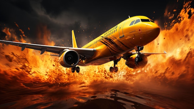 Illustrazione di un viaggio in aereo sullo sfondo giallo con paesaggio panoramico AIGenerato