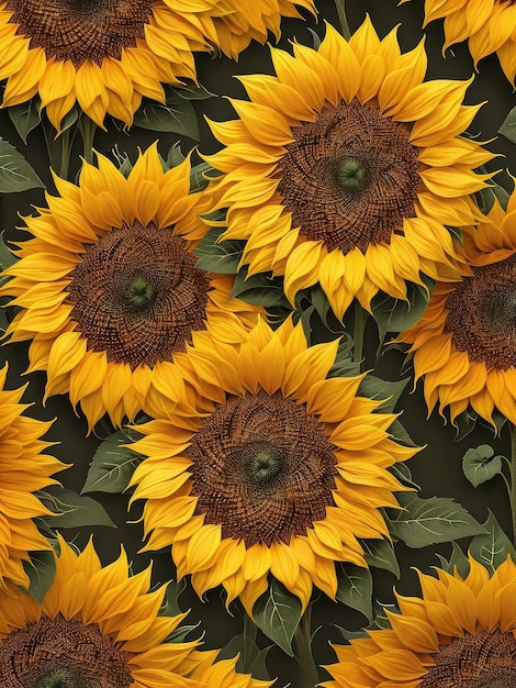 Illustrazione di un vibrante campo di girasoli con fogliame verde lussureggiante creato con la tecnologia Generative AI