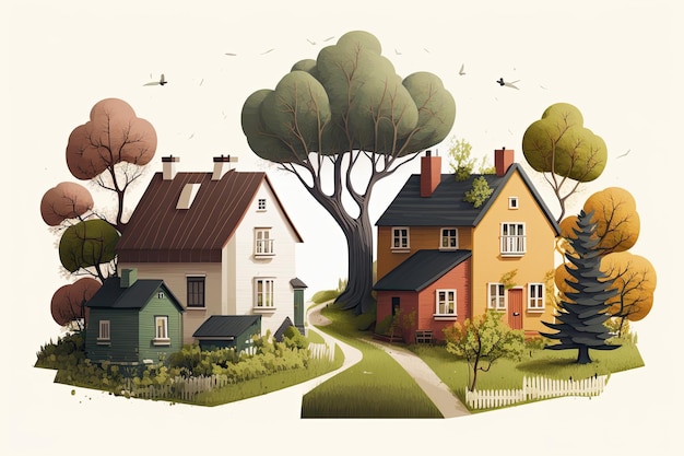 Illustrazione di un villaggio con due case