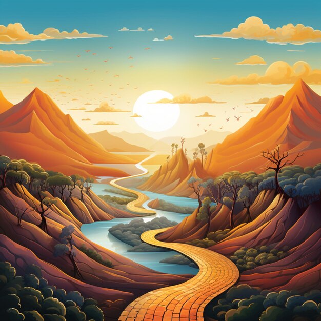 Illustrazione di un villaggio con l'immagine di sfondo dell'alba della montagna generata dall'arte AI