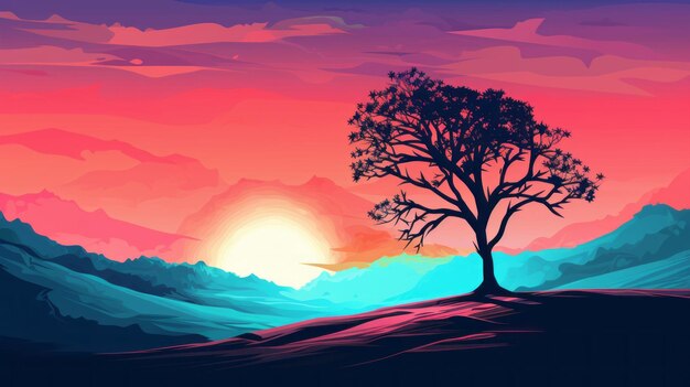 Illustrazione di un vivace paesaggio al tramonto con un albero