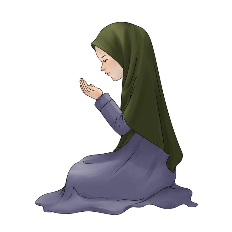 Illustrazione di una bambina musulmana che adora nel mese di Ramadan pregando con le mani alzate