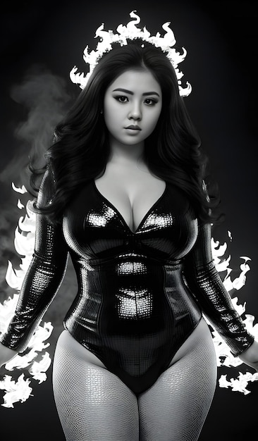 Illustrazione di una bella donna asiatica in un abito di lattice nero