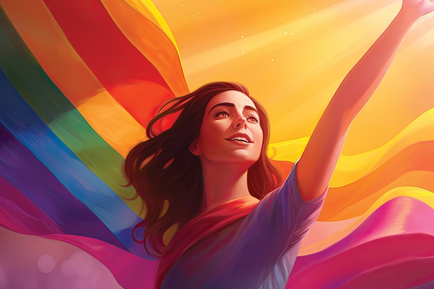 Illustrazione di una bella donna con una bandiera arcobaleno in mano