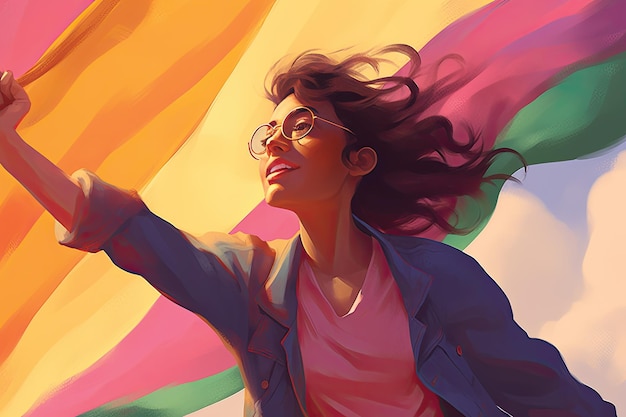 Illustrazione di una bella donna con una bandiera arcobaleno in mano