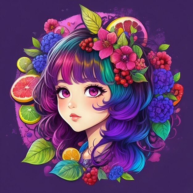 Illustrazione di una bella ragazza con un disegno rotondo a cornice di frutta