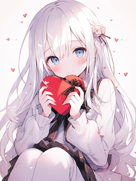 Illustrazione di una bella ragazza con una scatola regalo di cioccolato a cuore rosso nelle mani