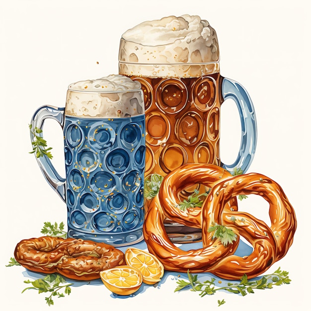 Illustrazione di una birra e di salatini bavaresi