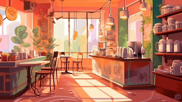 illustrazione di una caffetteria con un bar e un bancone ai generativo