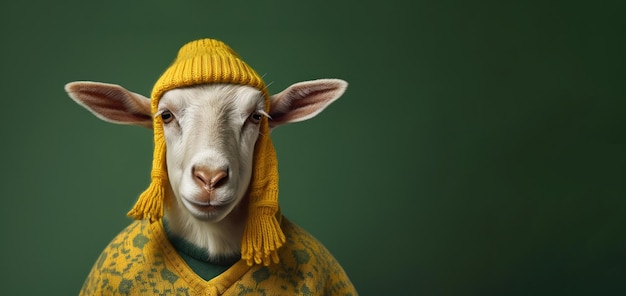 Illustrazione di una capra divertente che indossa un maglione giallo e verde e un cappello di lana su uno sfondo verde scuro IA generativa