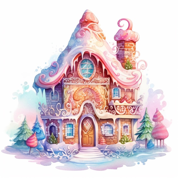 Illustrazione di una casa di zenzero con un pupazzo di neve in cima generativo ai
