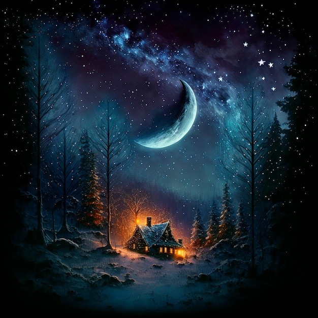 Illustrazione di una casa in una foresta notturna tra alberi ad alto fusto al chiaro di luna