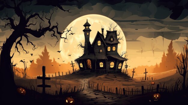 Illustrazione di una casa infestata nei toni del marrone scuro Halloween teme l'orrore