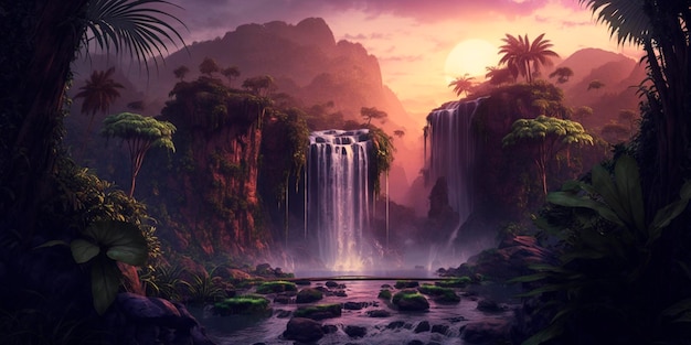 Illustrazione di una cascata tropicale nella foresta pluviale al tramonto Contenuti generati dall'intelligenza artificiale