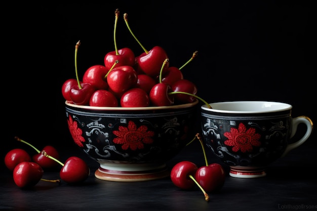 Illustrazione di una ciotola e una tazza con ciliegie dolci su uno sfondo nero Generato con AI