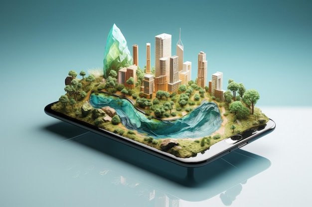 Illustrazione di una città con edifici sullo schermo di uno smartphone AI generativa
