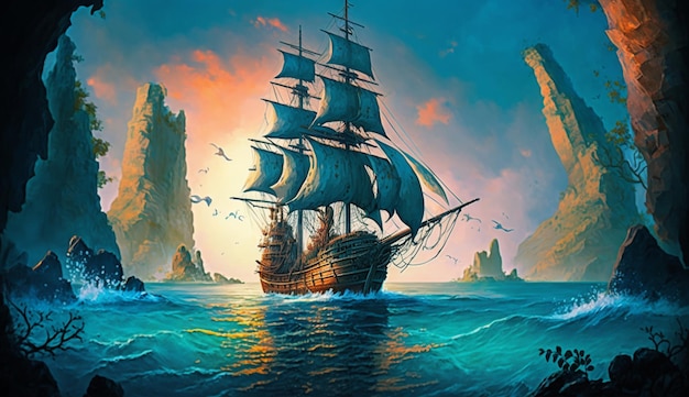 illustrazione di una classica nave pirata che naviga nell'oceano nel tardo pomeriggio generativo ai